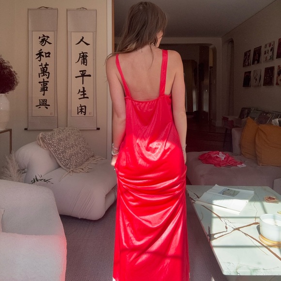 Vintage Red Maxi Dress with White Lace - Picture 5 of 9